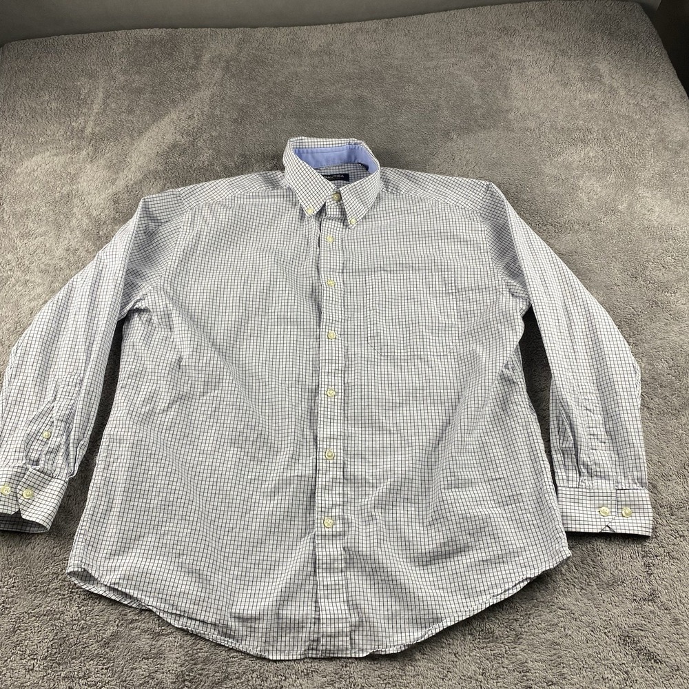 Nautica Button Down Dress Shirt Long Sleeve Mens 16.5 32/33‎ Blue White Checker